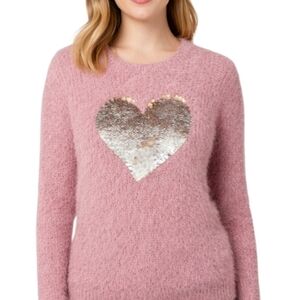 DKNY Mauve Fuzzy Sequin Heart Sweater XL (14/16)